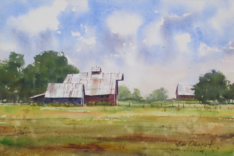 landscape, rural, farm, barn, field, original watercolor painting, oberst